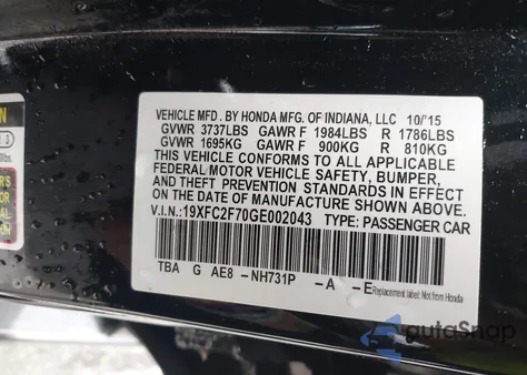 2016 Honda Civic Ex z USA, uszkodzony, nr VIN 19XFC2F70GE002043